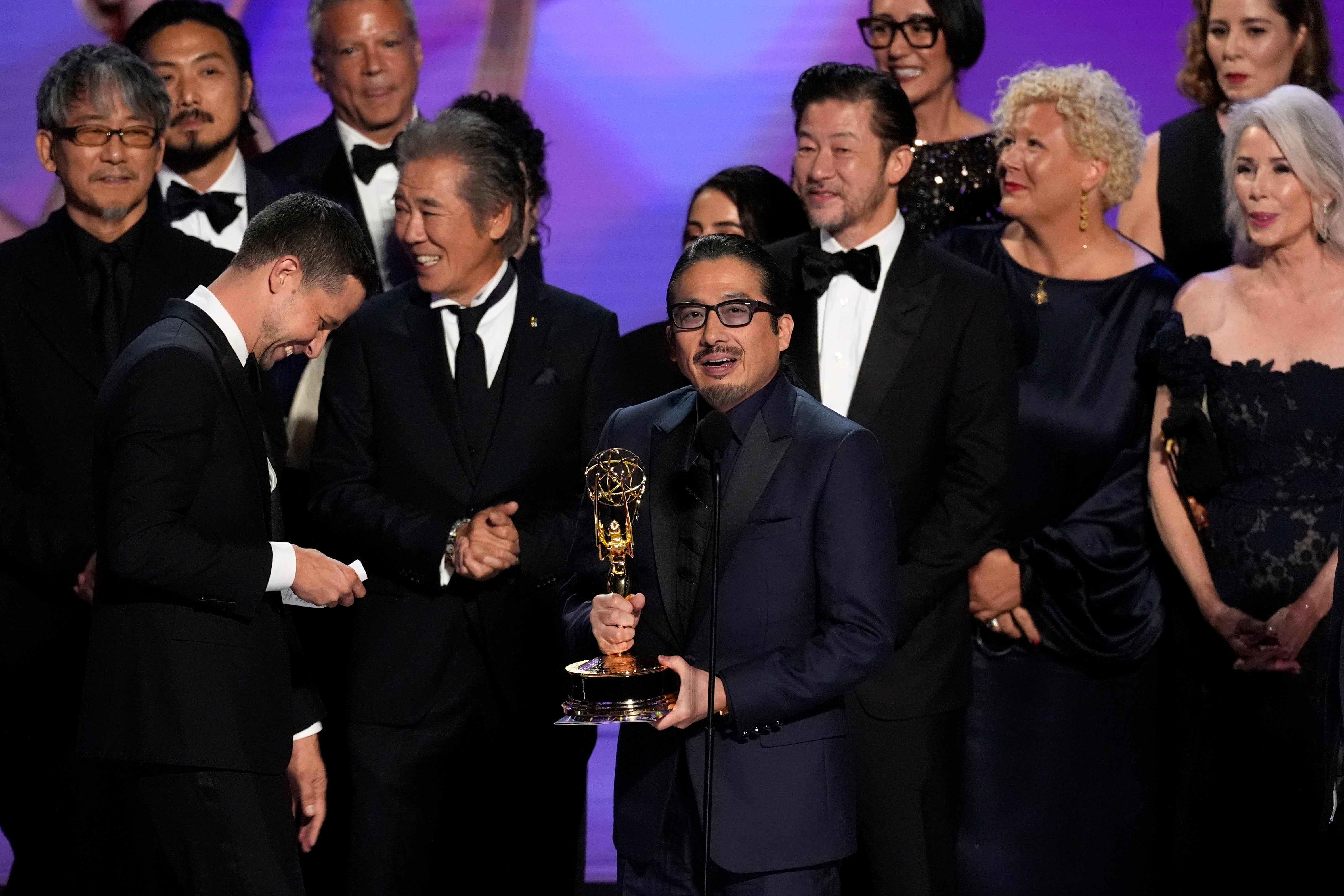 Hiroyuki Sanada, center, and the team from ‘Shogun’ accepts the award for outstanding drama series