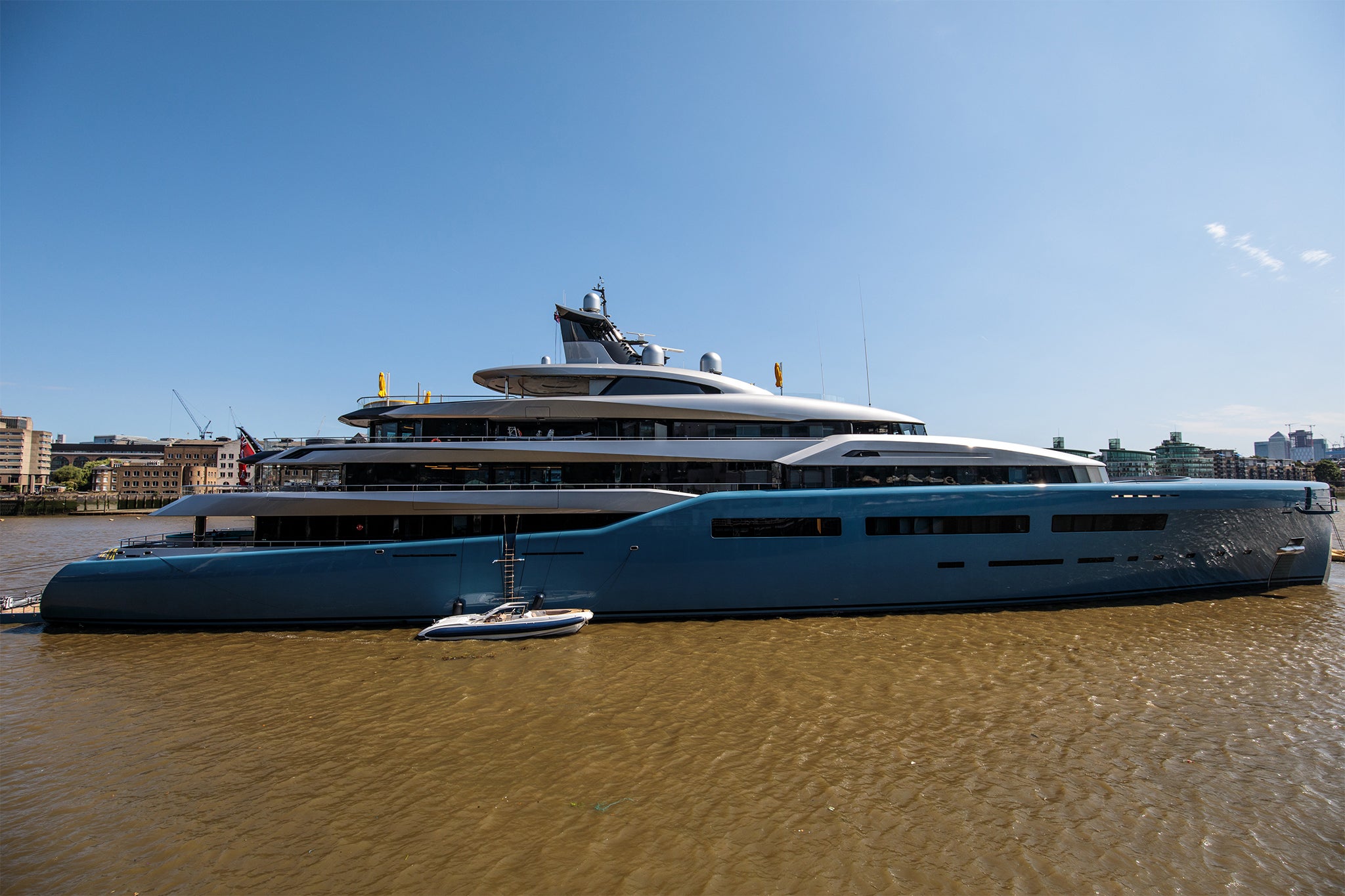 The luxury yacht Aviva , belonging to billionaire Joe Lewis, pictured here by Butler's Wharf in London