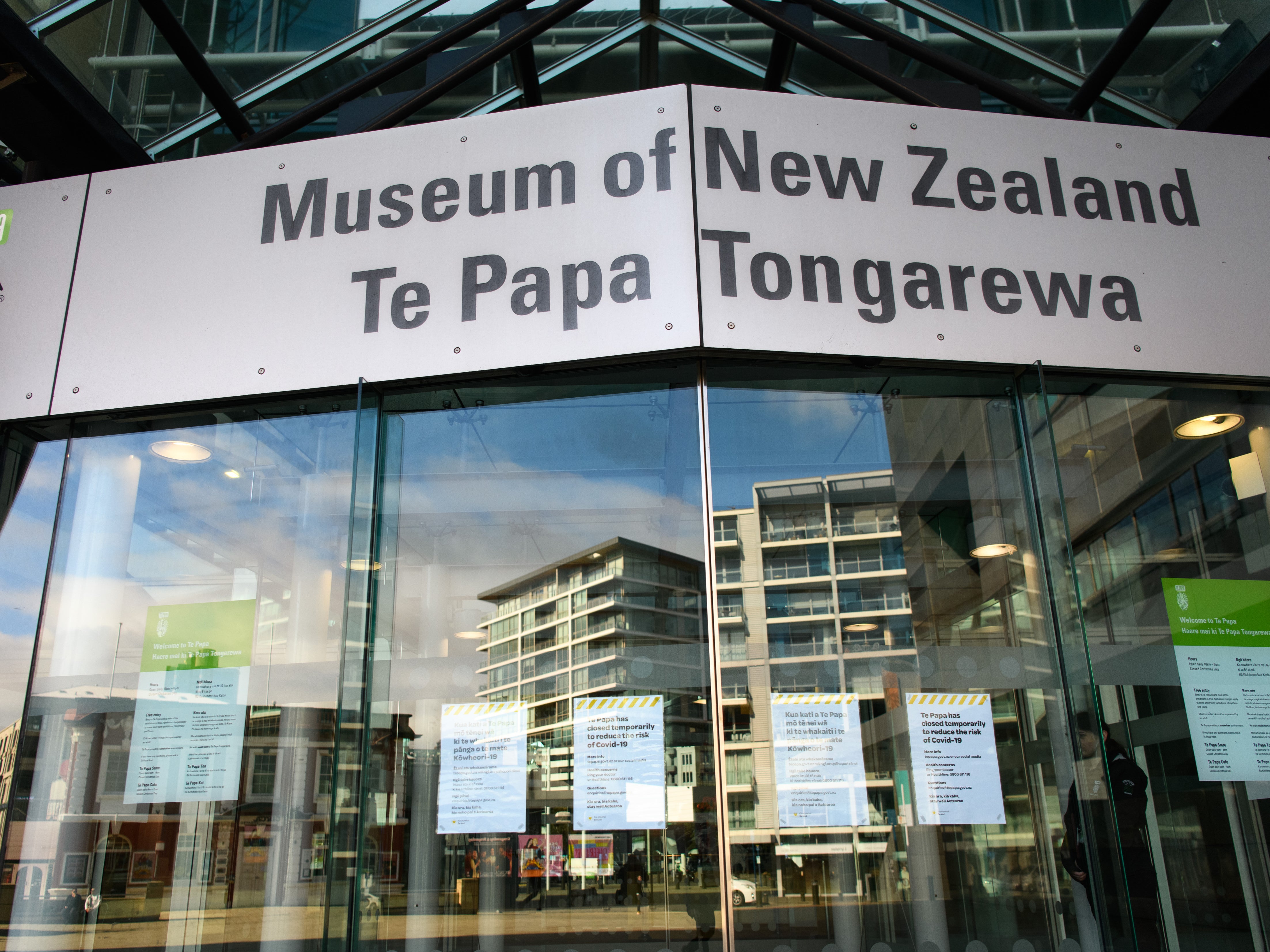 Signage at the front entrance to Te Papa Tongarewa in Wellington, New Zealand