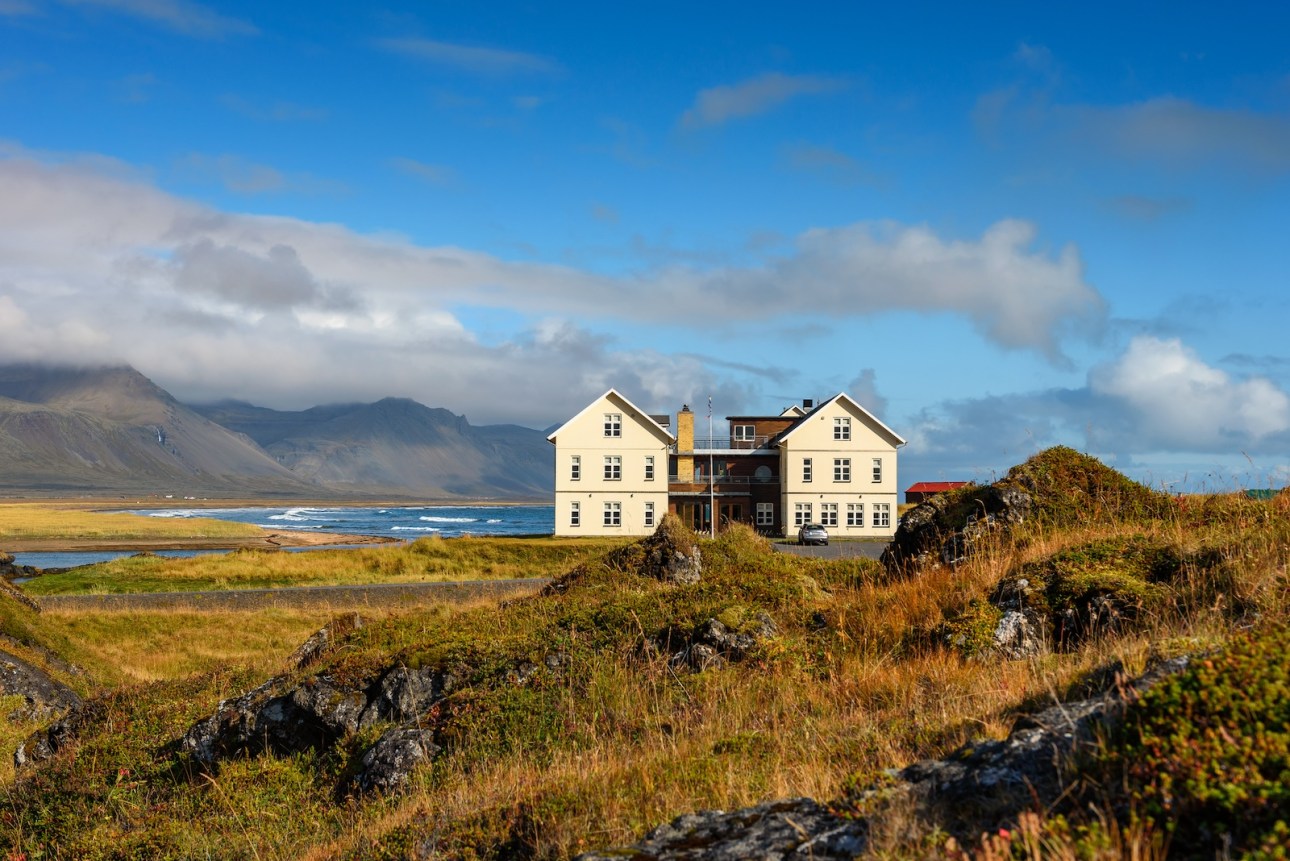 Luxury Hotel Budir located on the beach of the Snaefellsnes peninsula in west Iceland offering views over the Snaefellsjokull volcano and glacier.