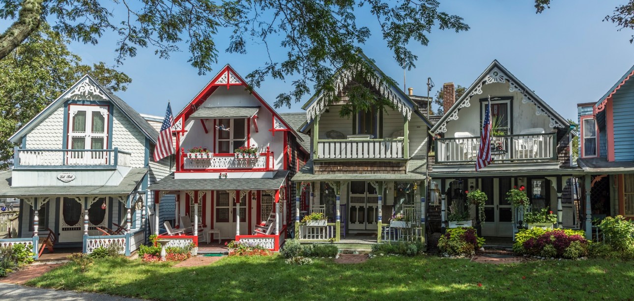 Carpenter Gothic Cottages with Victorian style, gingerbread trim on Lake Avenue, Oak Bluffs on Martha's Vineyard, Massachusetts