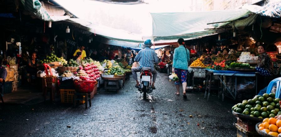 Vietnam Market with street vendors under covers, lady walking with produce in hand and scooter riding between stalls 