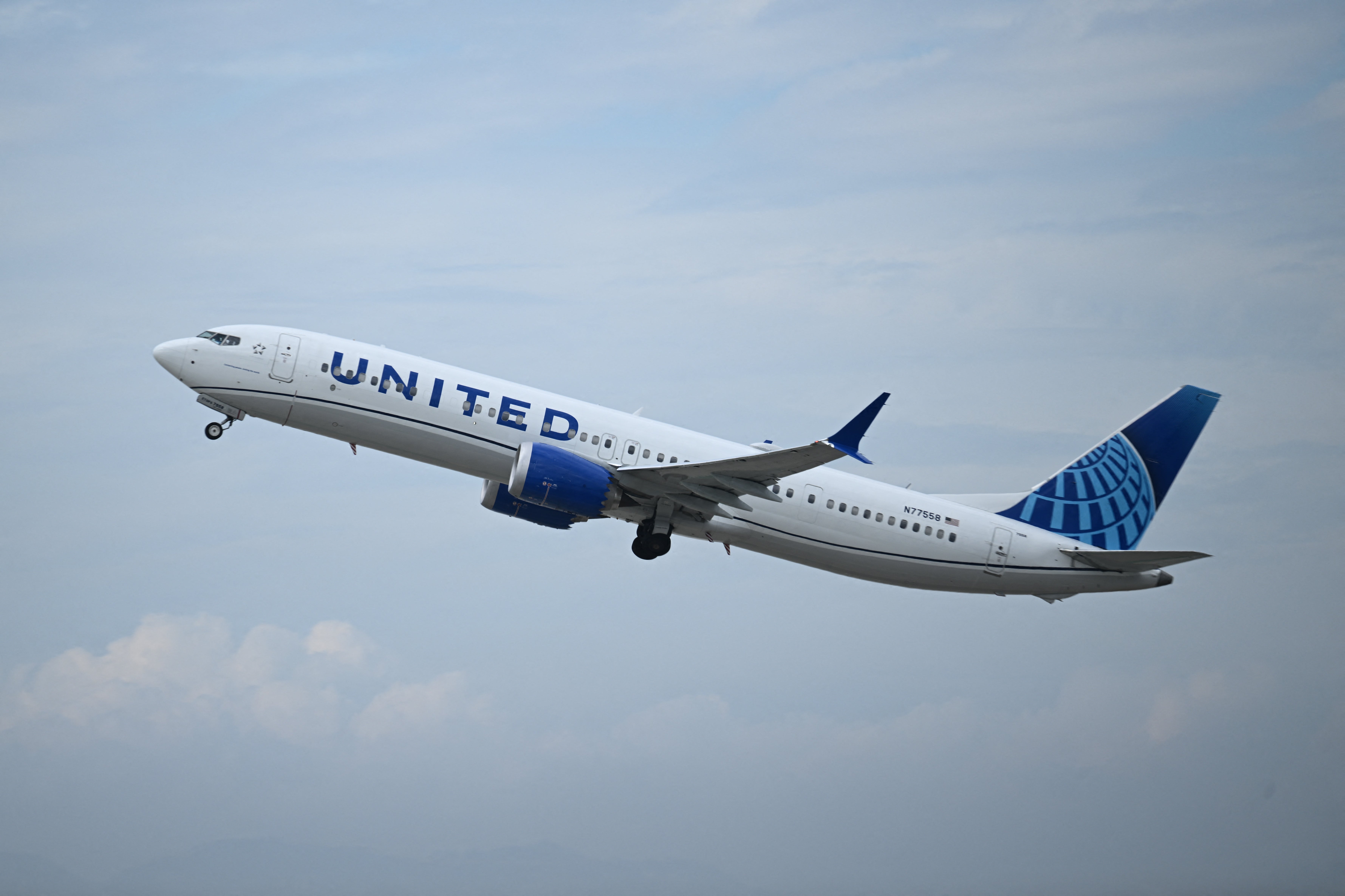 A United Airlines Boeing 737 MAX 9 airplane takes off from Los Angeles International Airport