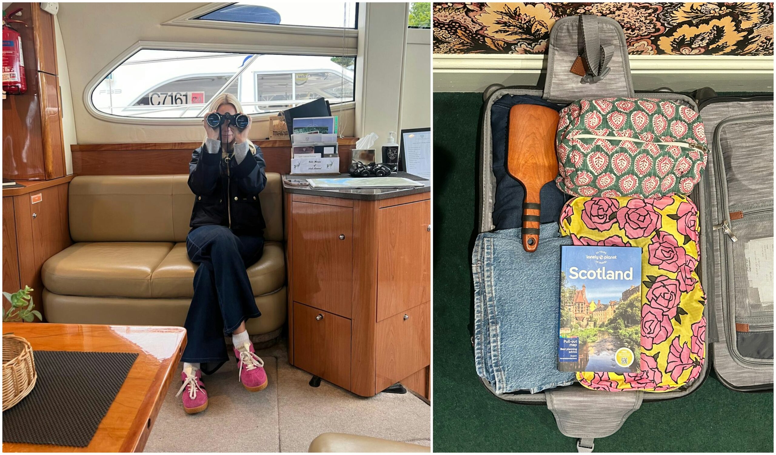 Writer with binoculars on left, suitcase packed with clothes and the Scotland guidebook by Lonely Planet on right.