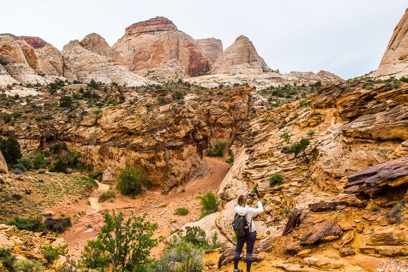 woman taking photo of rocky landscape