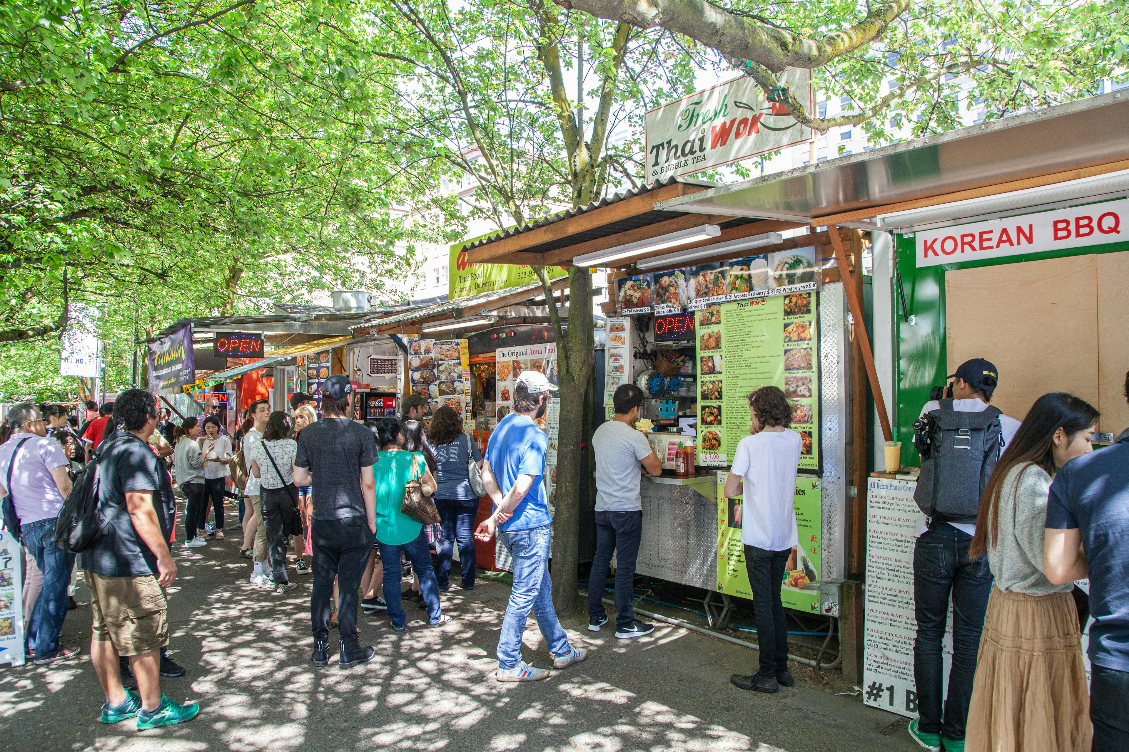 Crowds line up for food carts in Downtown Portland.