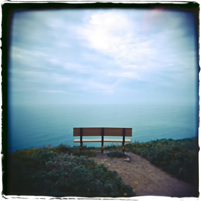 A bench sits overtop a cliff overlooking the beach