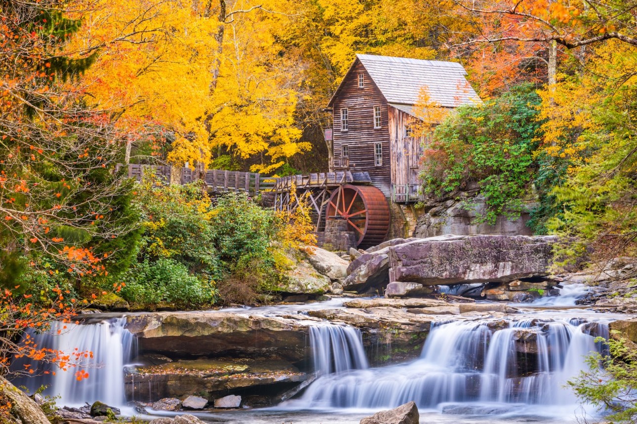 Babcock State Park, West Virginia, USA at Glade Creek Grist Mill during autumn season