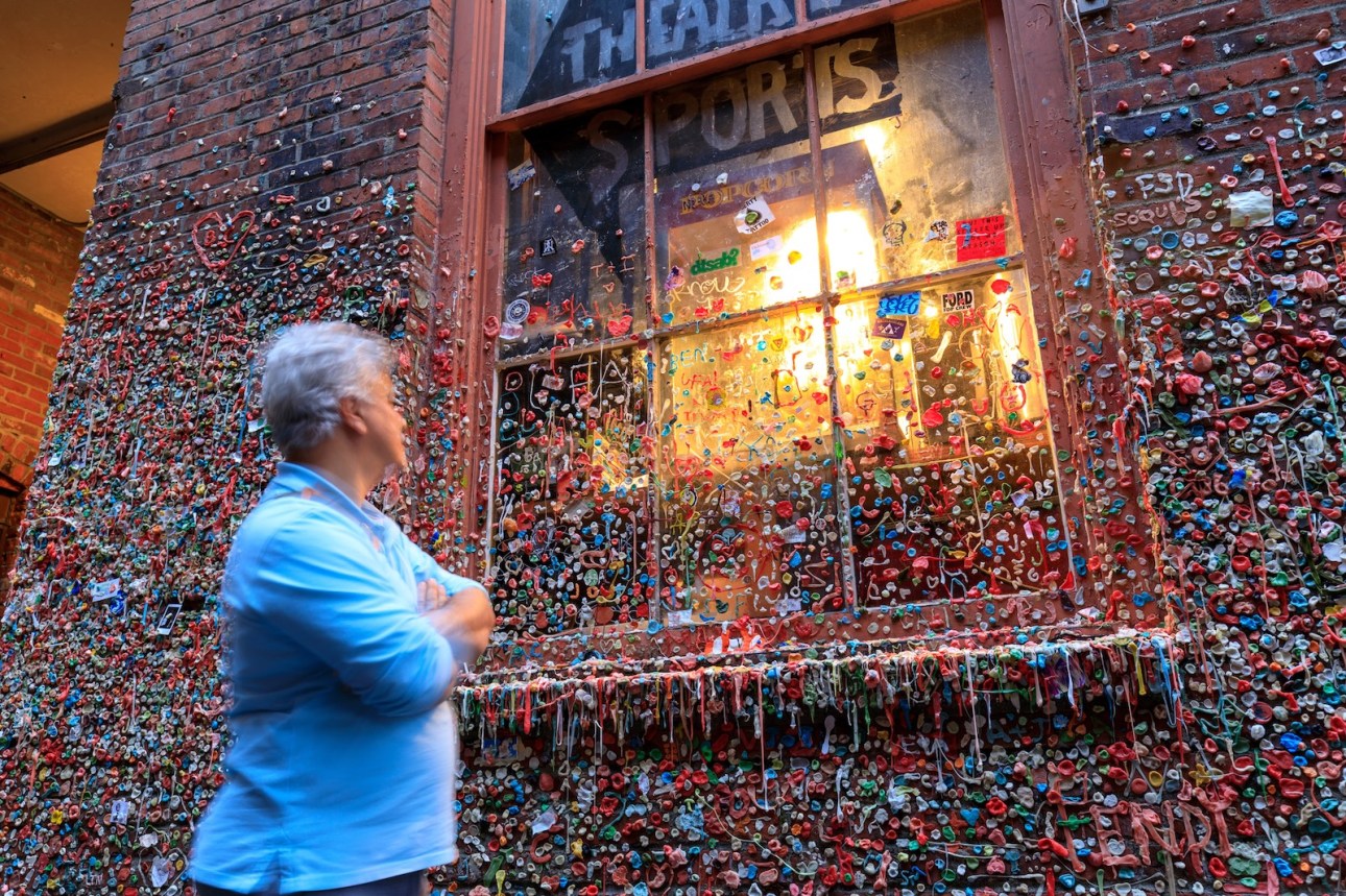 Seattle, Washington - June 30, 2018 : The Market Theater Gum Wall in downtown Seattle. It is a local landmark in downtown Seattle, in Post Alley under Pike Place Market.