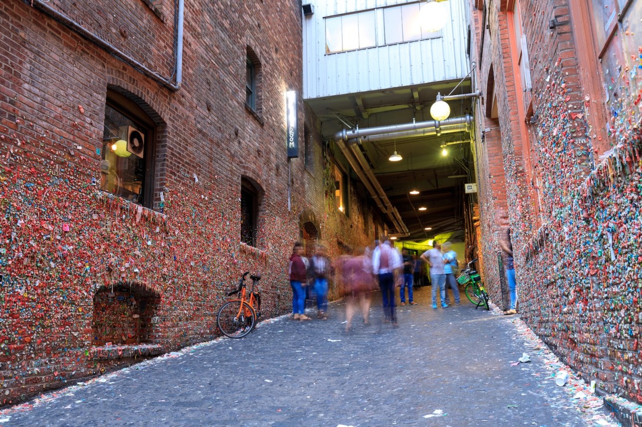 The Market Theater Gum Wall in downtown Seattle. It is a local landmark in downtown Seattle, in Post Alley under Pike Place Market