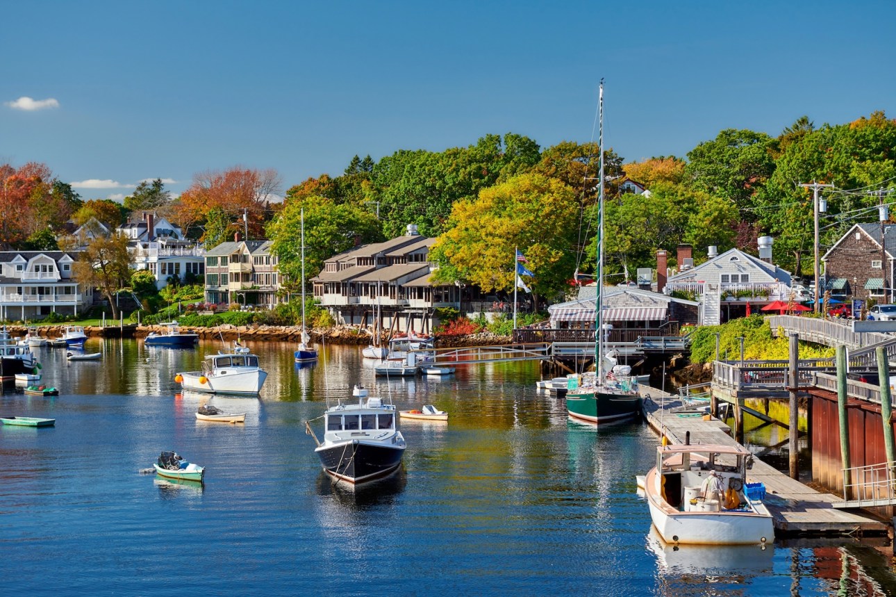 Fishing boats docked in Perkins Cove, Ogunquit, on coast of Maine south of Portland, USA