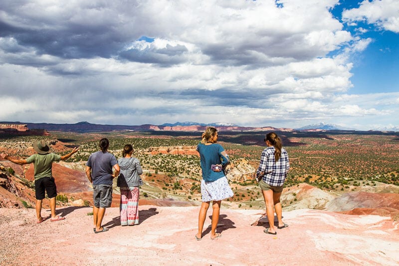 people looking out at mountains