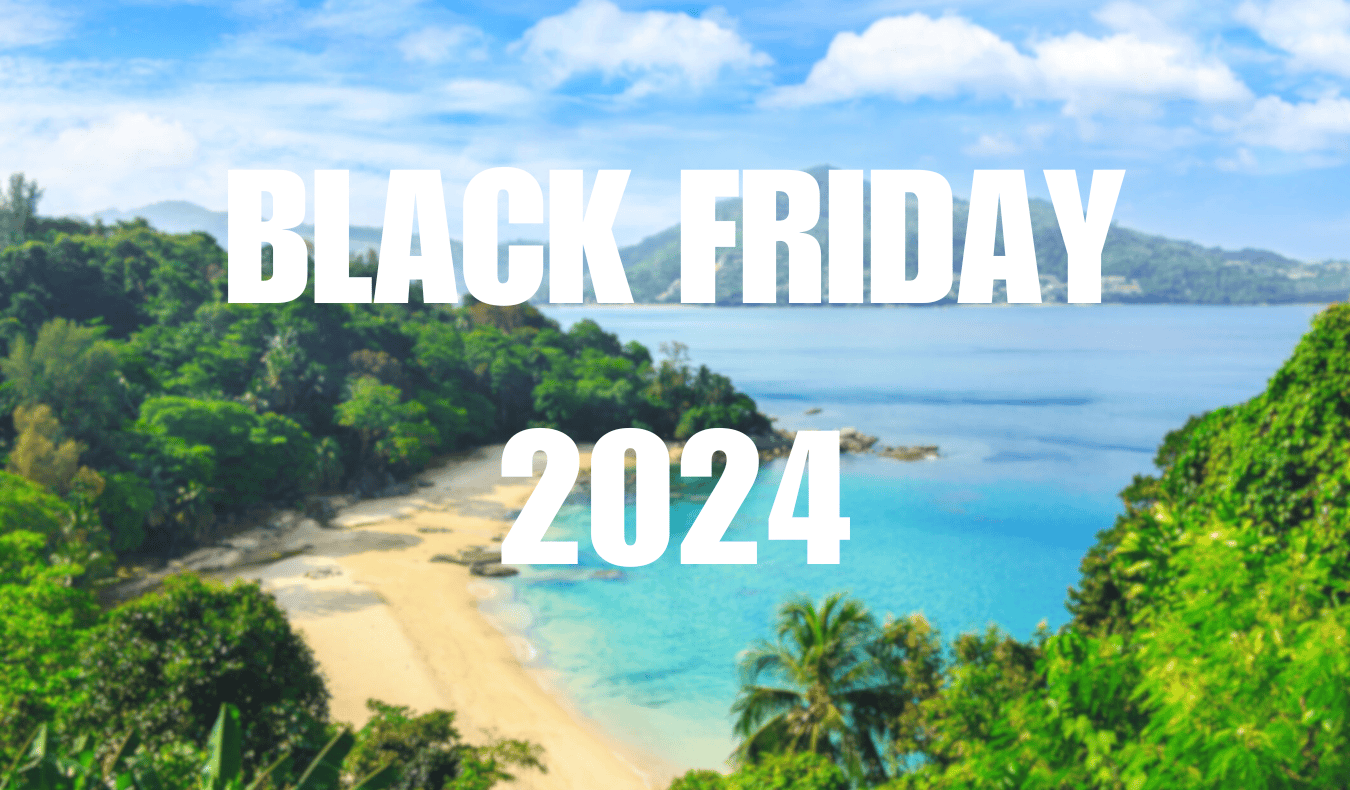 A beautiful beach in Thailand with Black Friday sale text