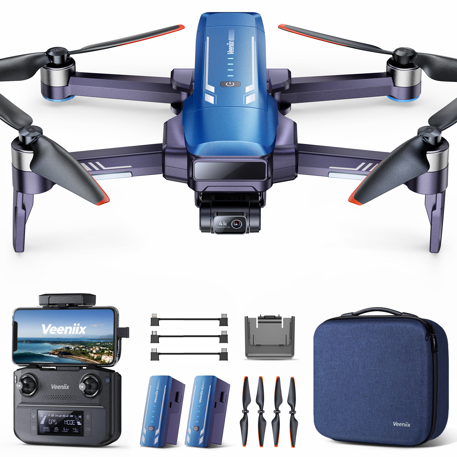 What's in the box: Veeniix V11PRO drone, remote control (phone not included), two batteries, USB charging cable, propeller holder, portable case, and user manual).