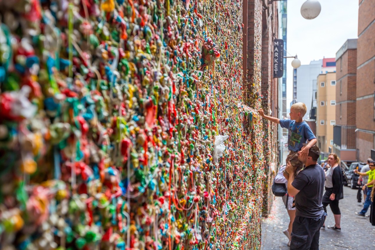 The Market Theater Gum Wall in downtown Seattle on July 5, 2014. It is a local landmark in downtown Seattle, in Post Alley under Pike Place Market.