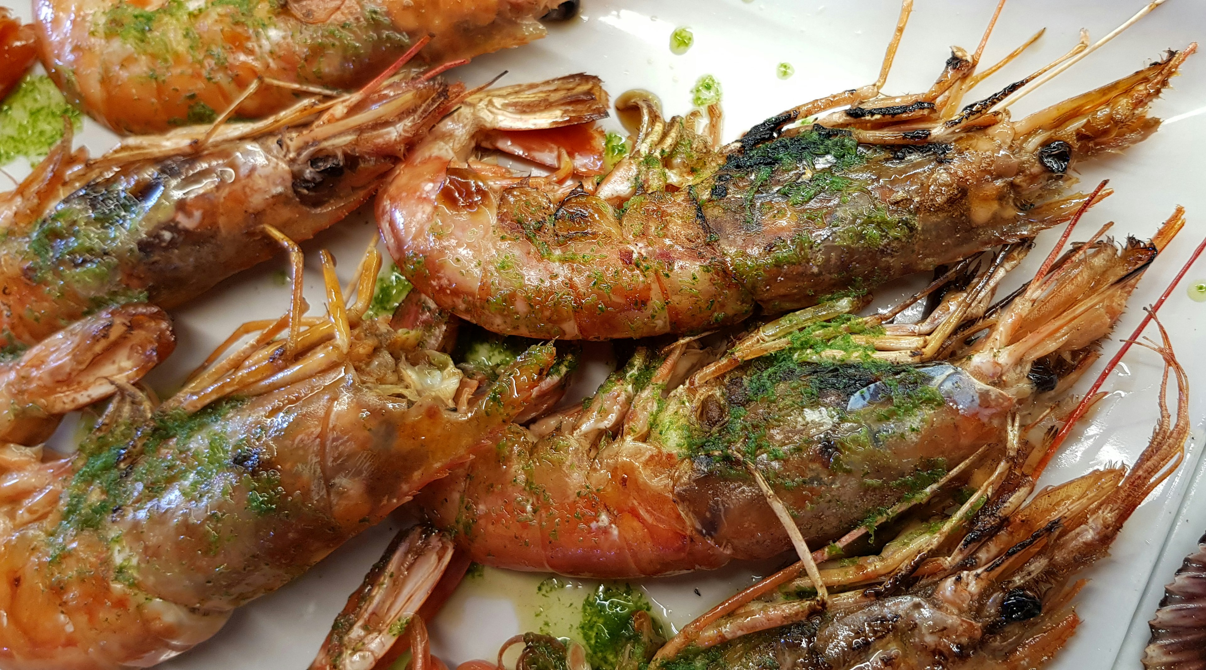 A close-up of a plate of grilled prawns with parsley