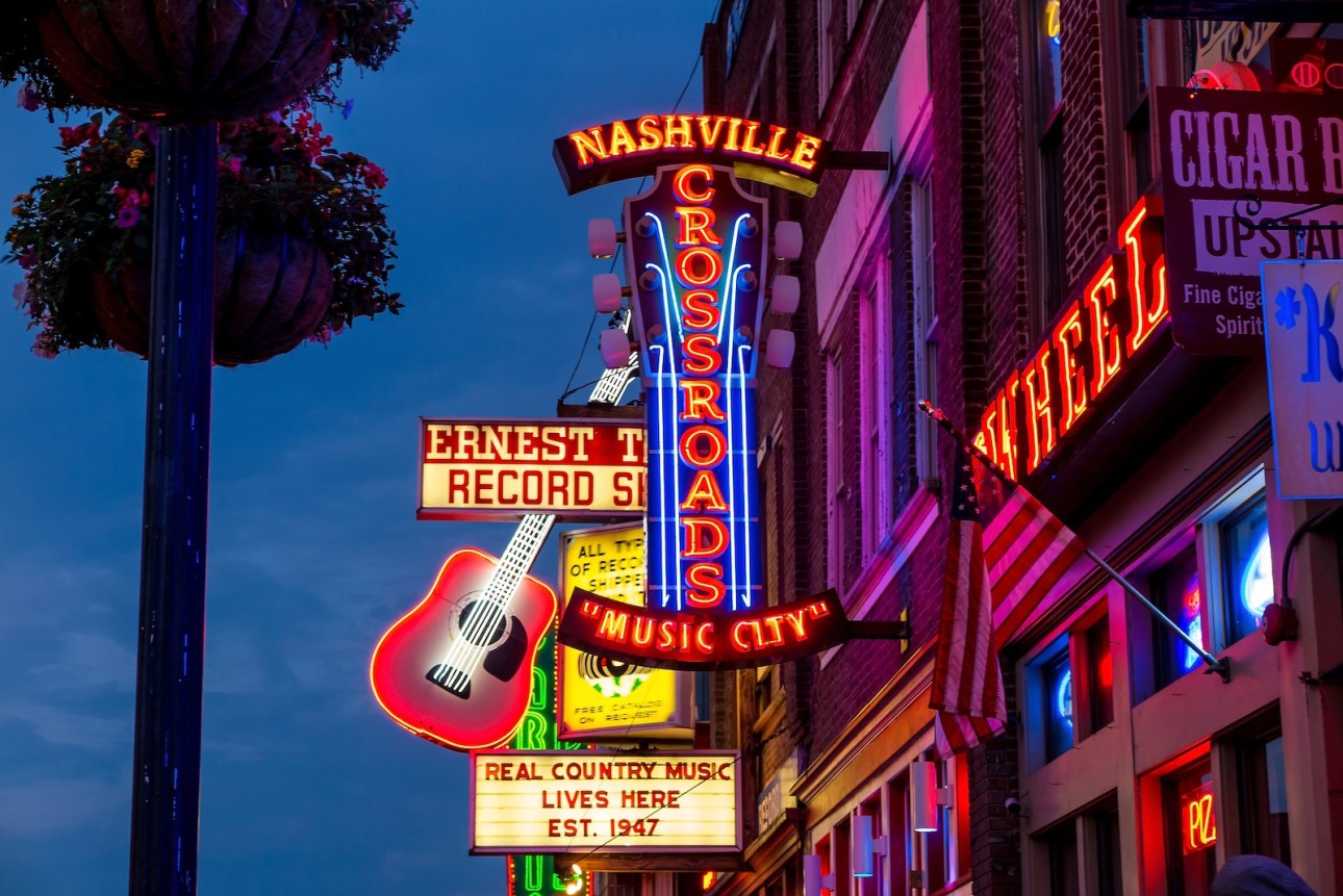 Neon signs on Lower Broadway Area in Nashville, Tennessee, USA