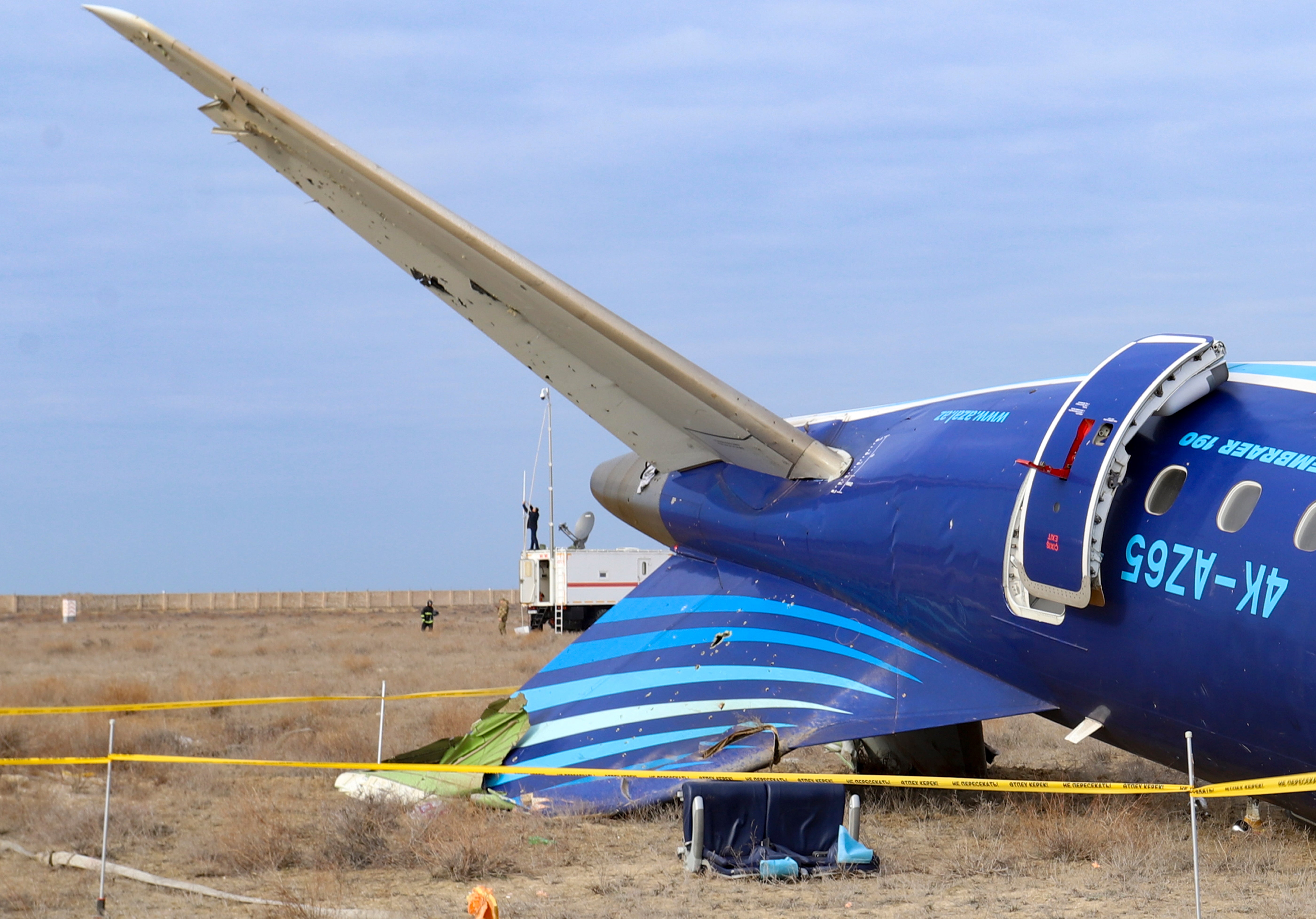 Wreckage of Azerbaijan Airlines Embraer 190 on the ground near the airport of Aktau, Kazakhstan, on Christmas Day