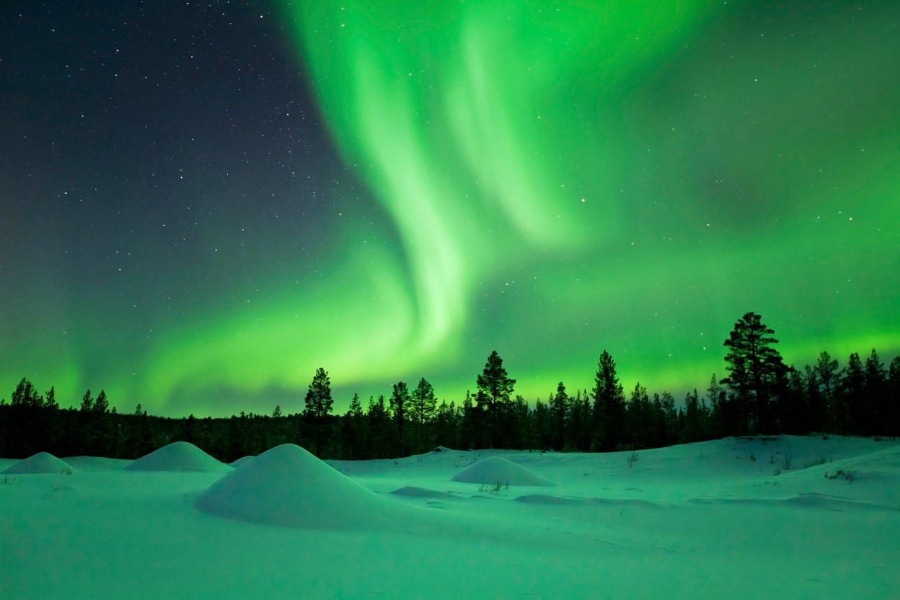 Spectacular aurora borealis (northern lights) over a snowy winter landscape in Finnish Lapland.