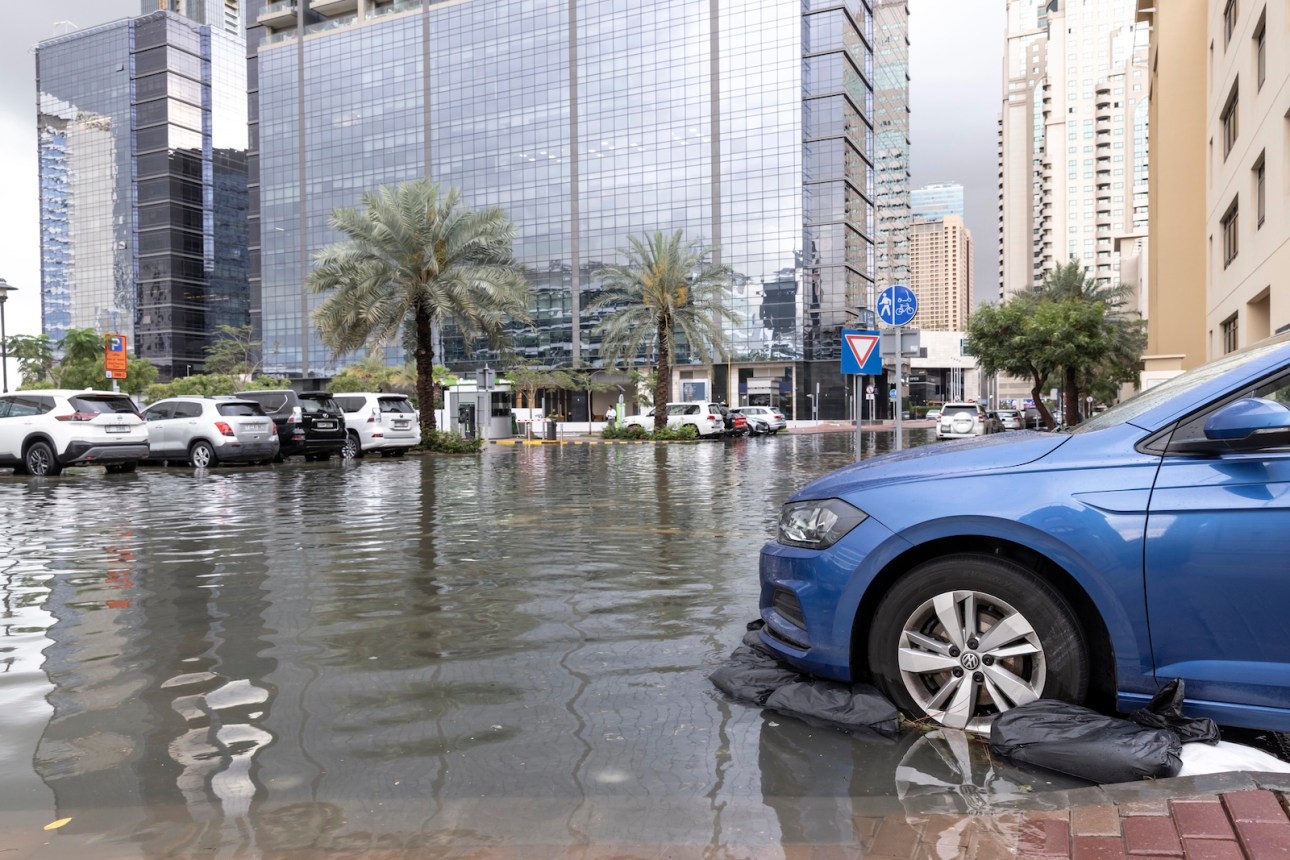 Dubai, United Arab Emirates, 16th April 2024: flooded streets of popular residential area in Dubai after a heavy downpour