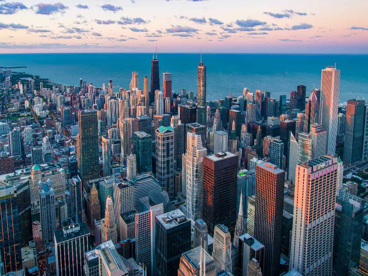 aerial view over skyscrapers in chicago