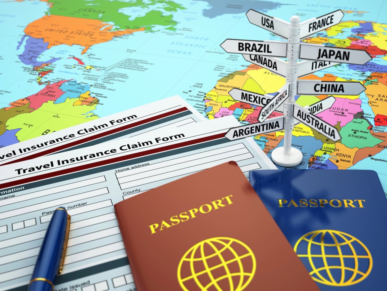 Travel insurance application form, passport and sign of destination on the map.