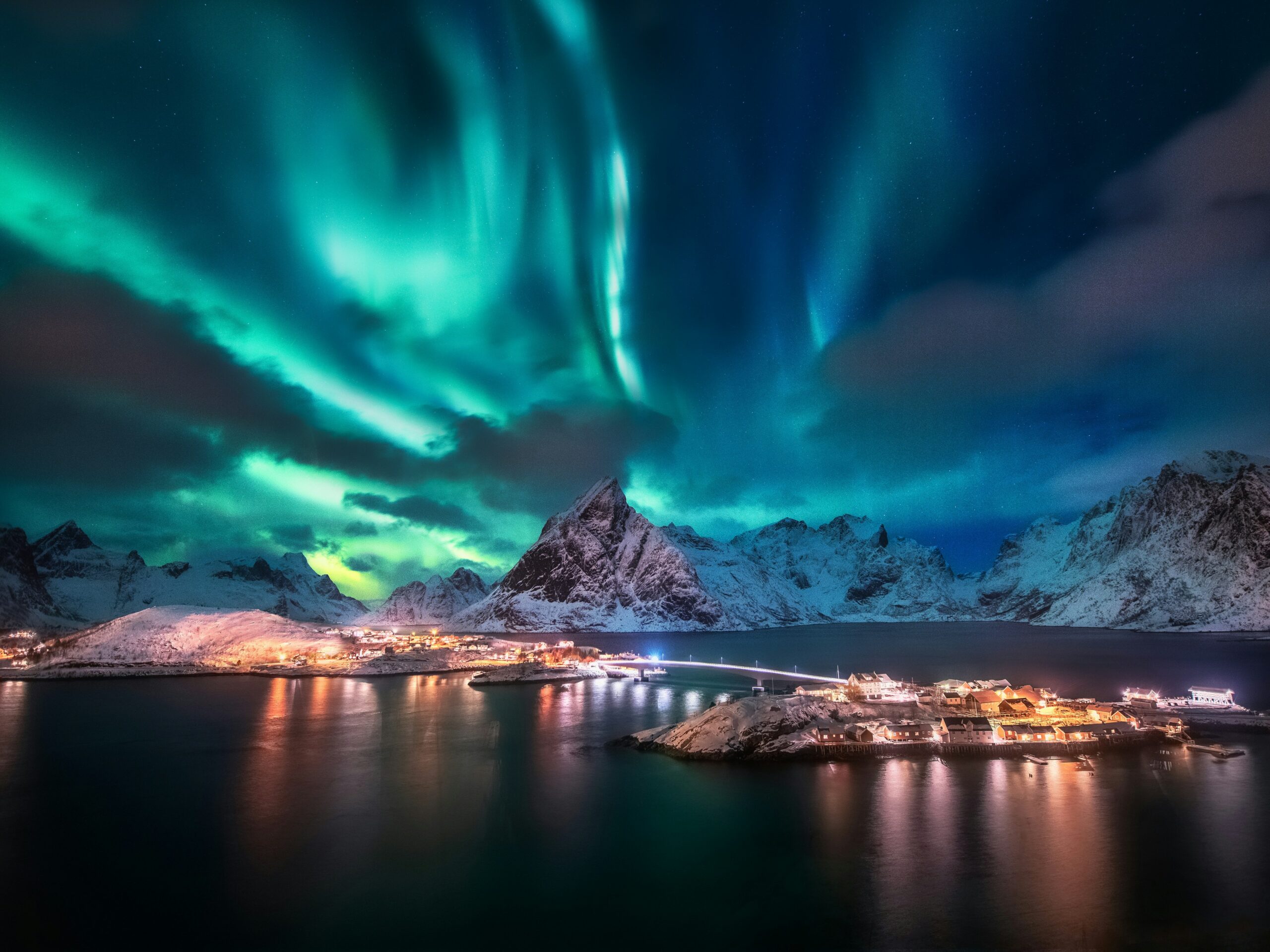 Aurora Borealis above the Lofoten Islands in Norway at night