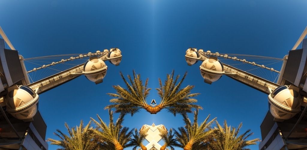 High Roller Observation Wheel Cabins Closeup - theme park, palm trees against blue sky backdrop