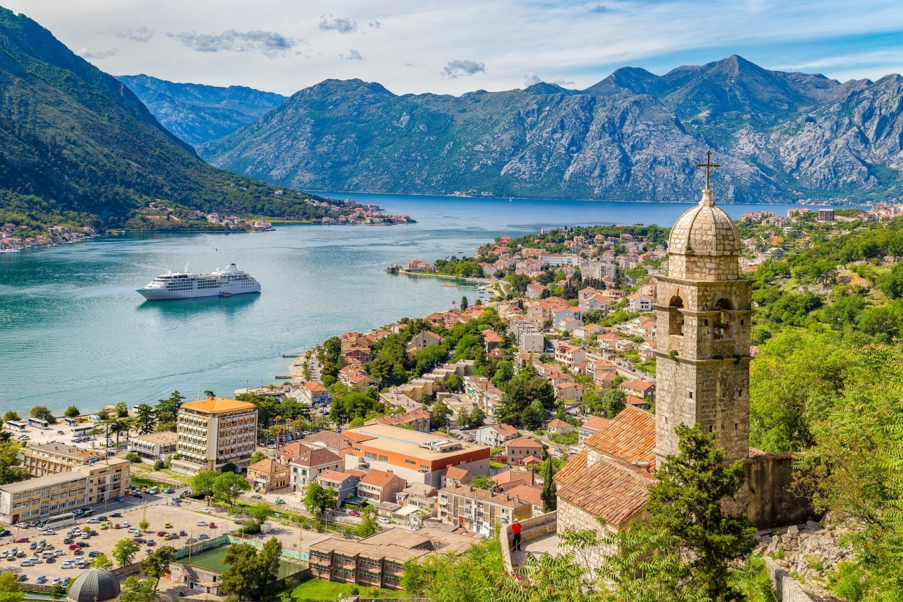 Historic Church of Our Lady of Remedy overlooking the old town of Kotor and world-famous Bay of Kotor, Montenegro, southern Europe.