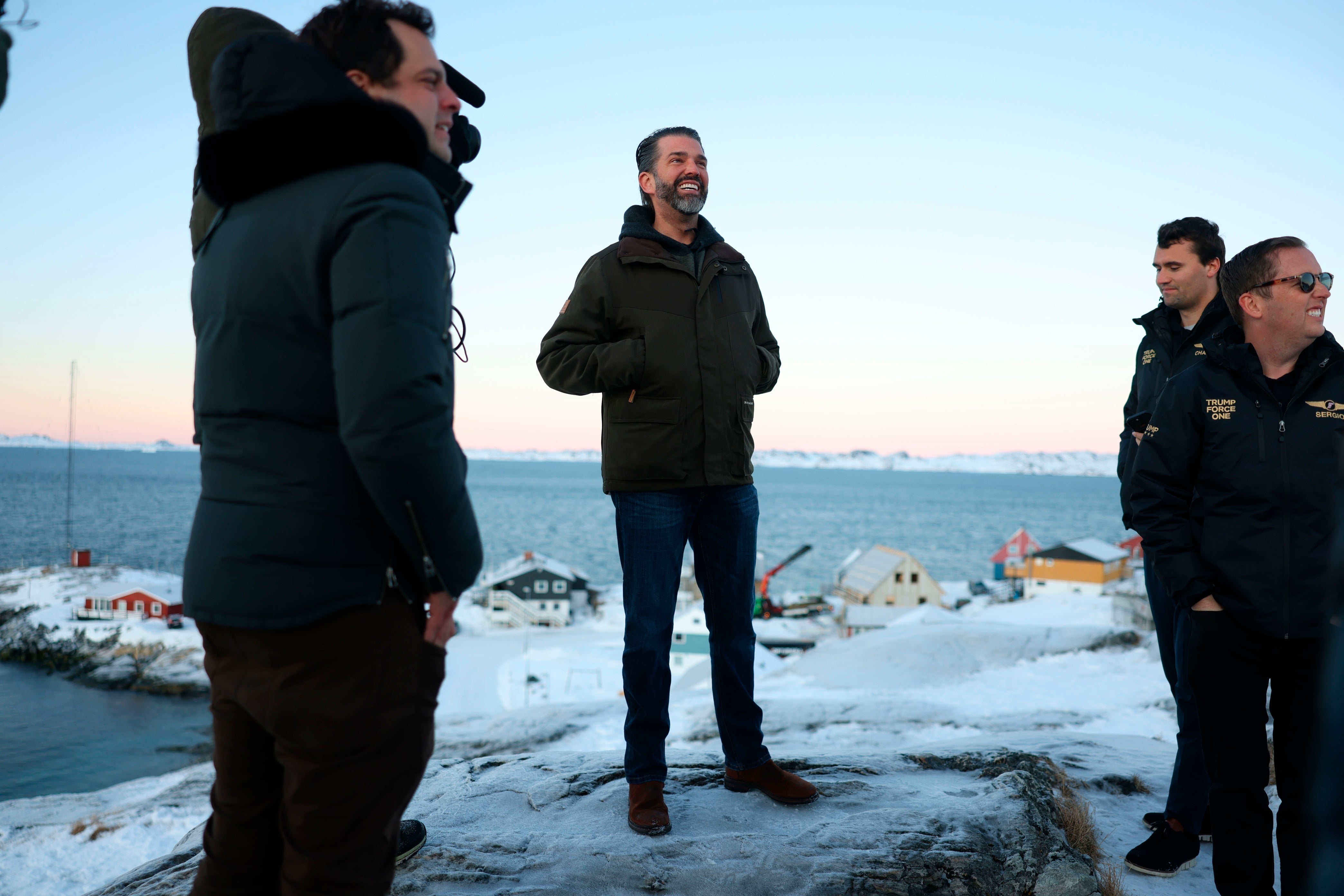 Donald Trump Jr, centre, in Nuuk, Greenland, on 7 January 2025, for a private visit to the island