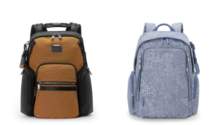 (L to R): Alpha Bravo Navigation Backpack in Red/Lime Chameleon, Voyageur Celina Backpack in Denim Blue