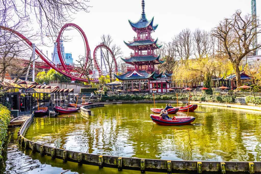 amusement rides and temple at tivoli amusement park