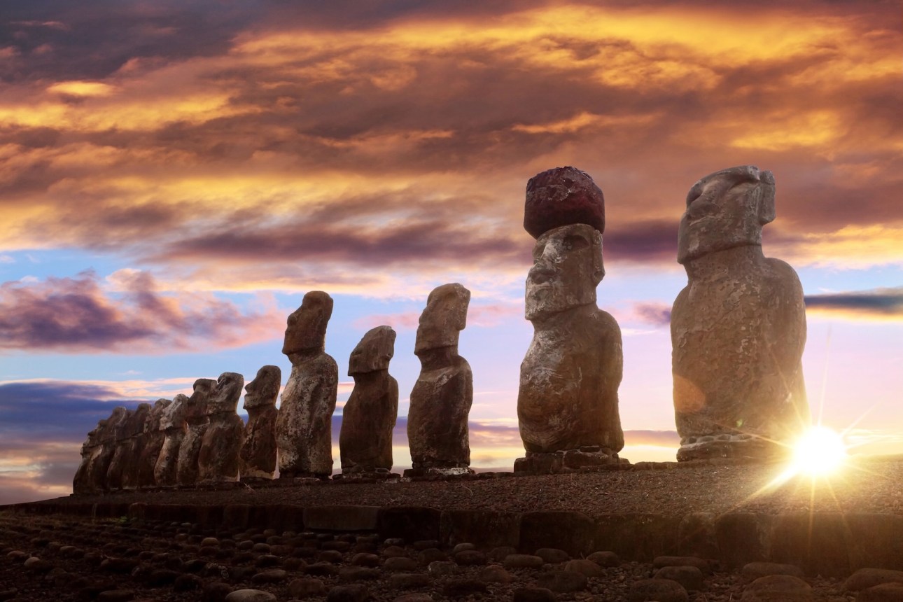 Standing moai in Easter Island at sunrise