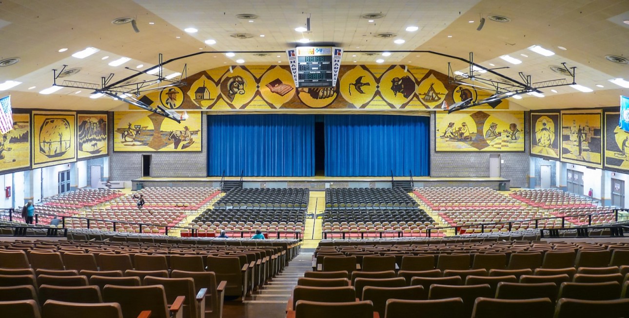 Interior of famous "The World's Only Corn Palace" known widely for its walls covered with corn.