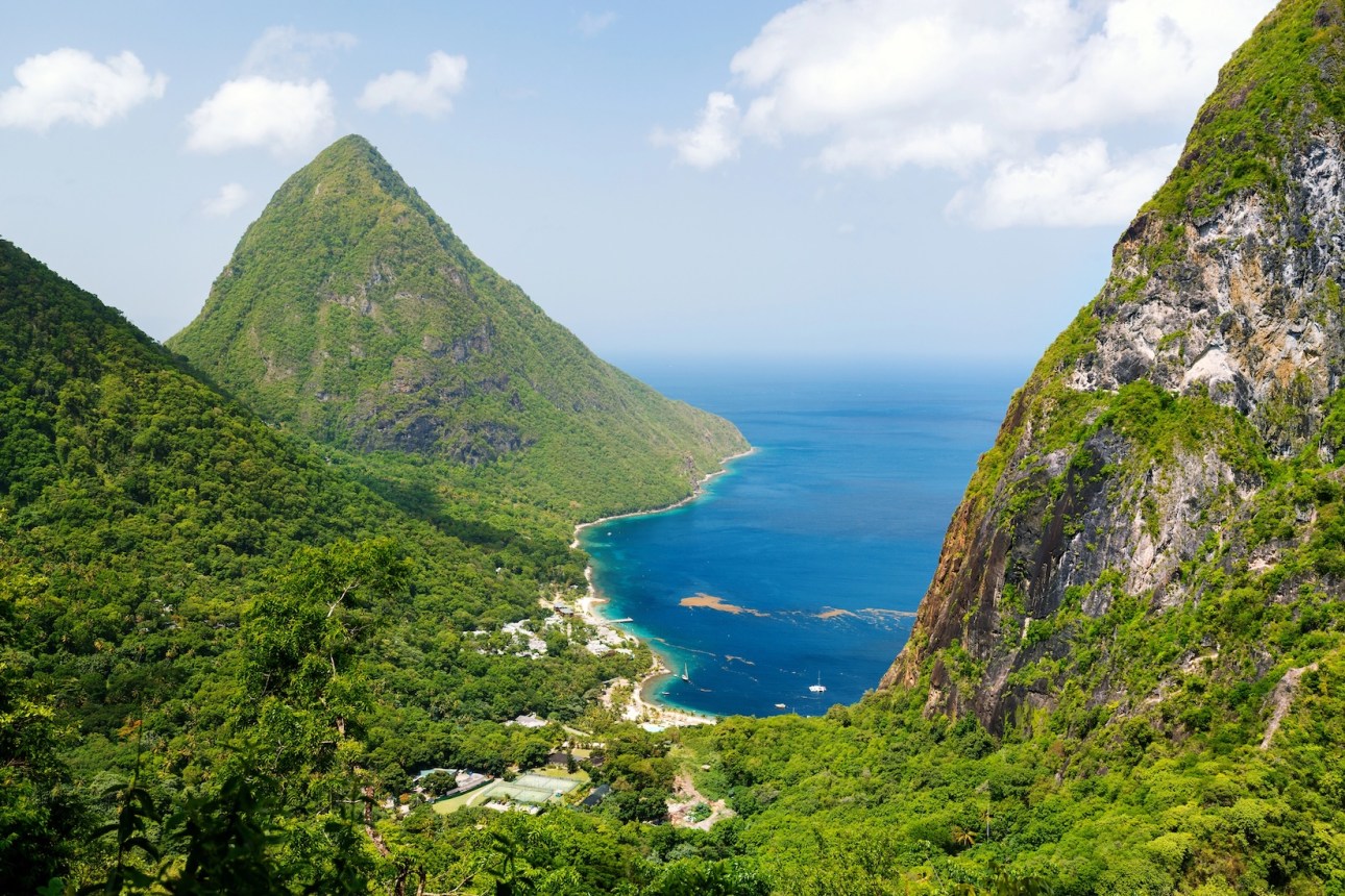 Iconic view of Piton mountains on St Lucia island in Caribbean