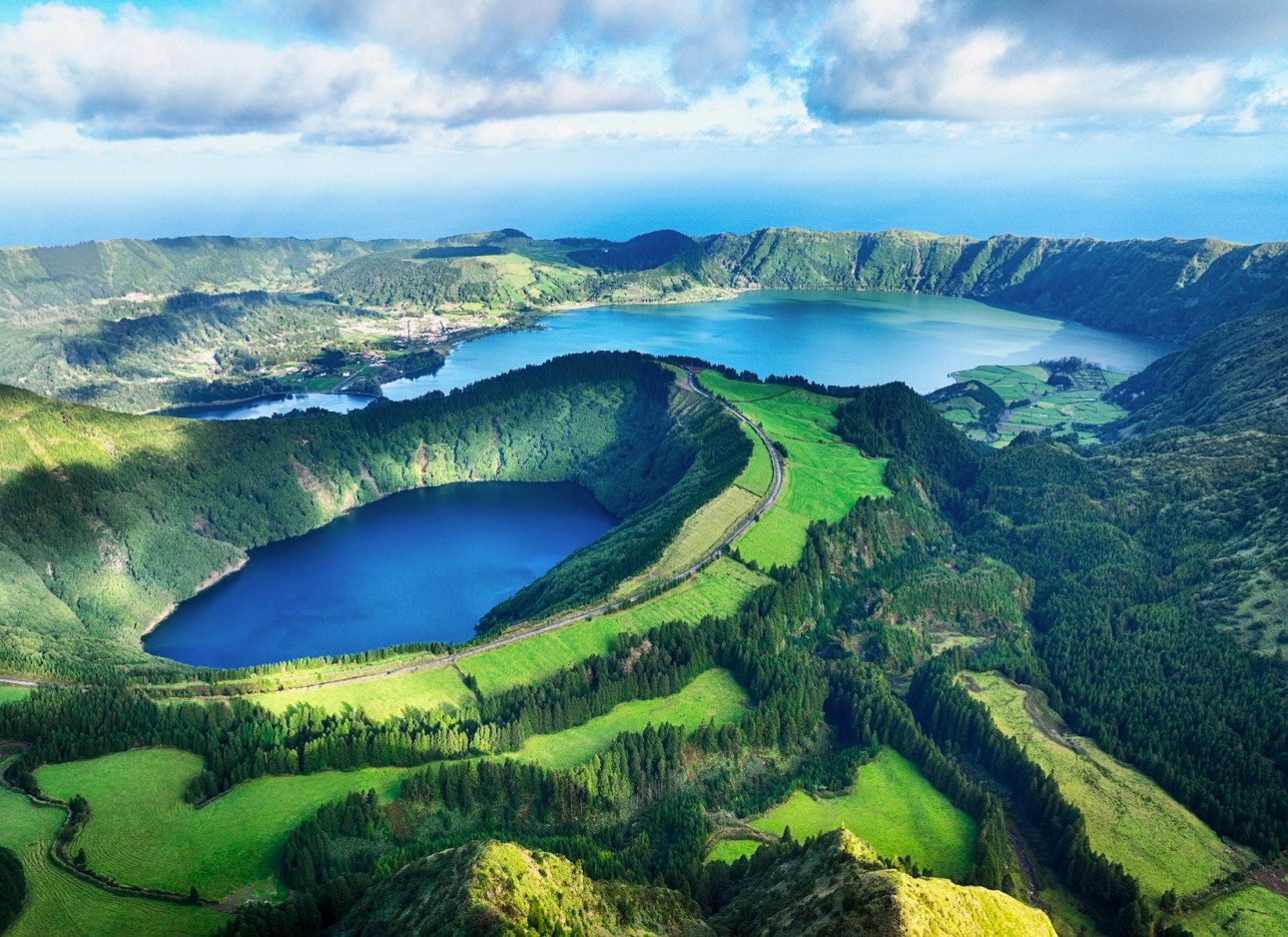 Aerial view of famous Lagoa das Sete Cidades lake in Azores, Sao Miguel