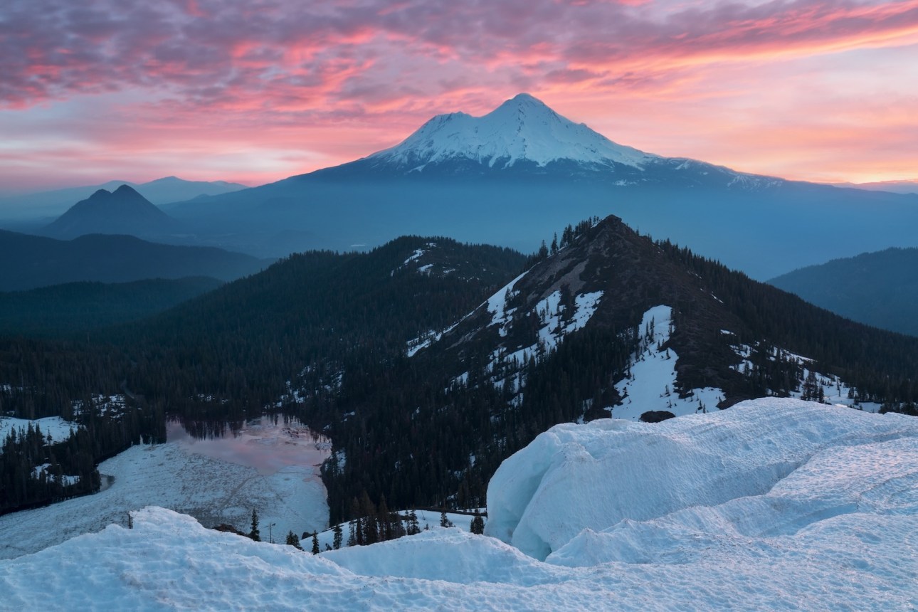 Mount Shasta Volcano with glaciers, in California, USA. Panorama from Heart Lake. Mount Shasta is a volcano at the southern end of the Cascade Range in Siskiyou CountyPhoto by <a href="https://depositphotos.com/photo/classical-view-mount-shasta-volcano-glaciers-california-usa-panorama-heart-286819836.html">depositphotos.com</a>
