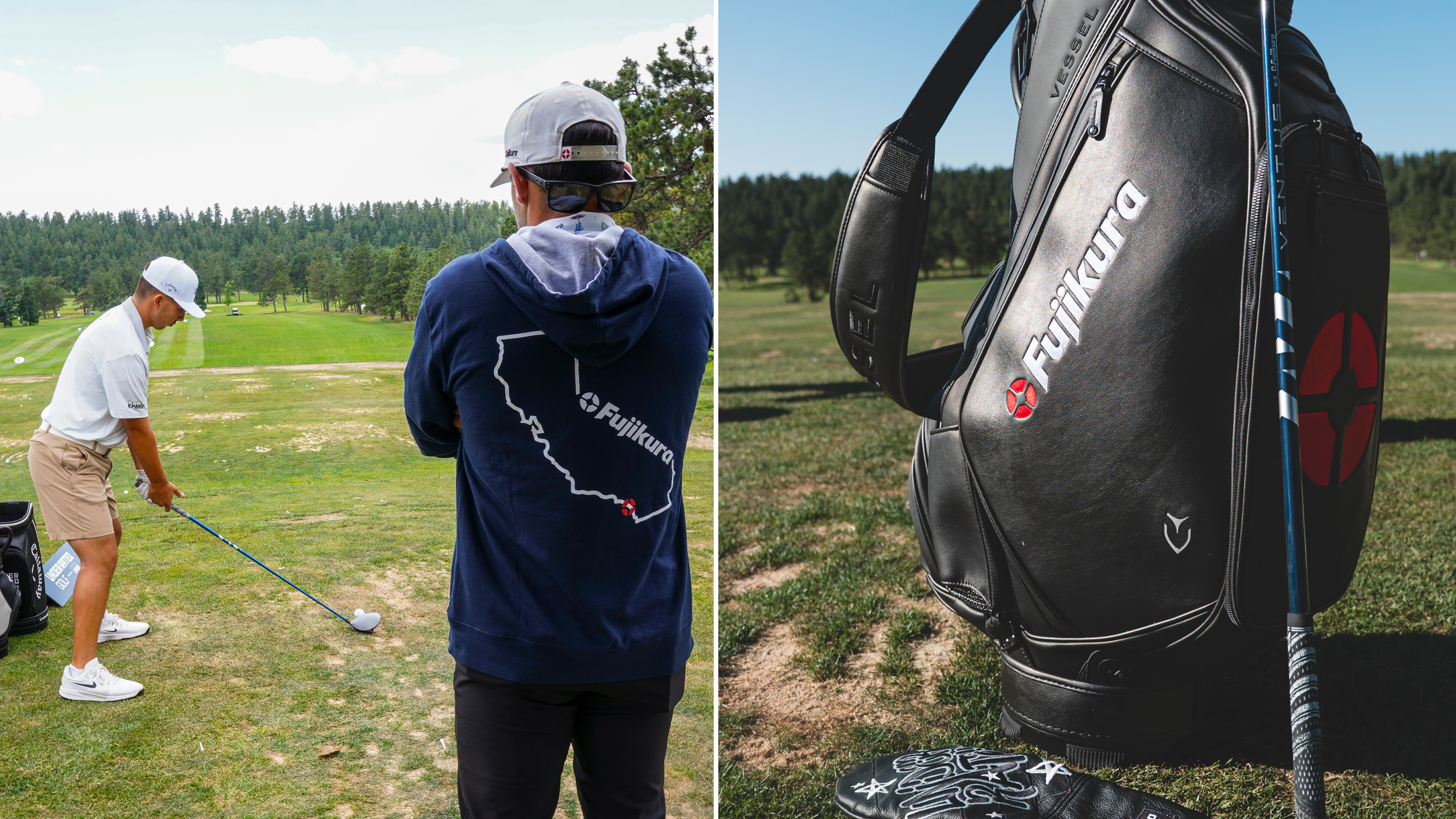 A golfer getting fit for a Fujikura shaft and a Fujikura black tour bag