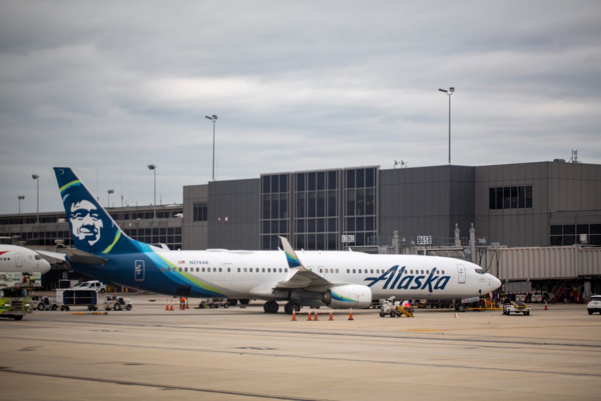 An Alaska Airlines plane at Washington Dulles International Airport in Virginia