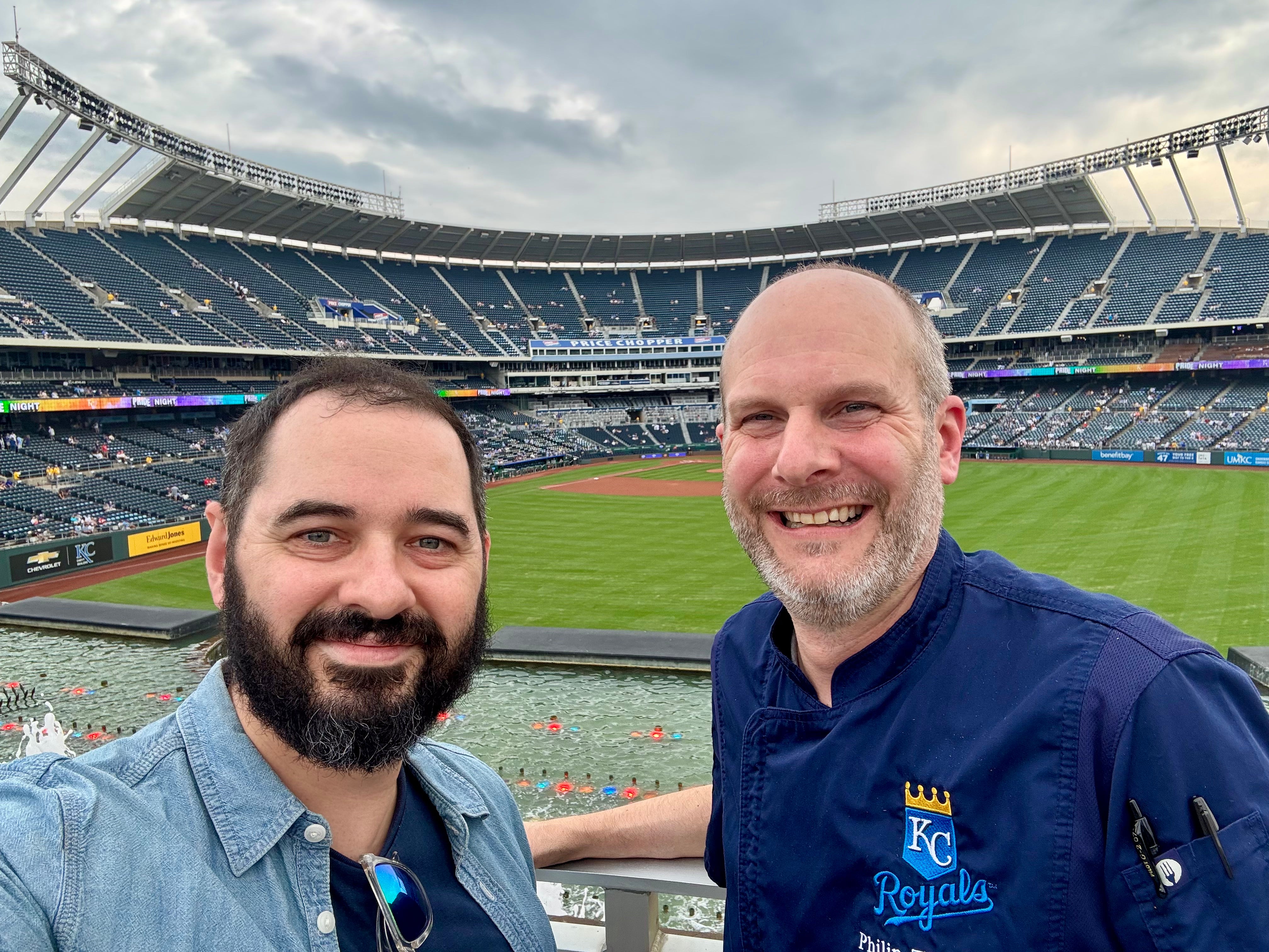 James visiting Kaufmann Stadium (home of the Kansas City Royals baseball team) with the stadium's executive chef Philip Thompson