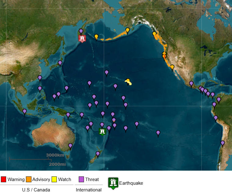 Map showing areas with warnings, watch and threat notices