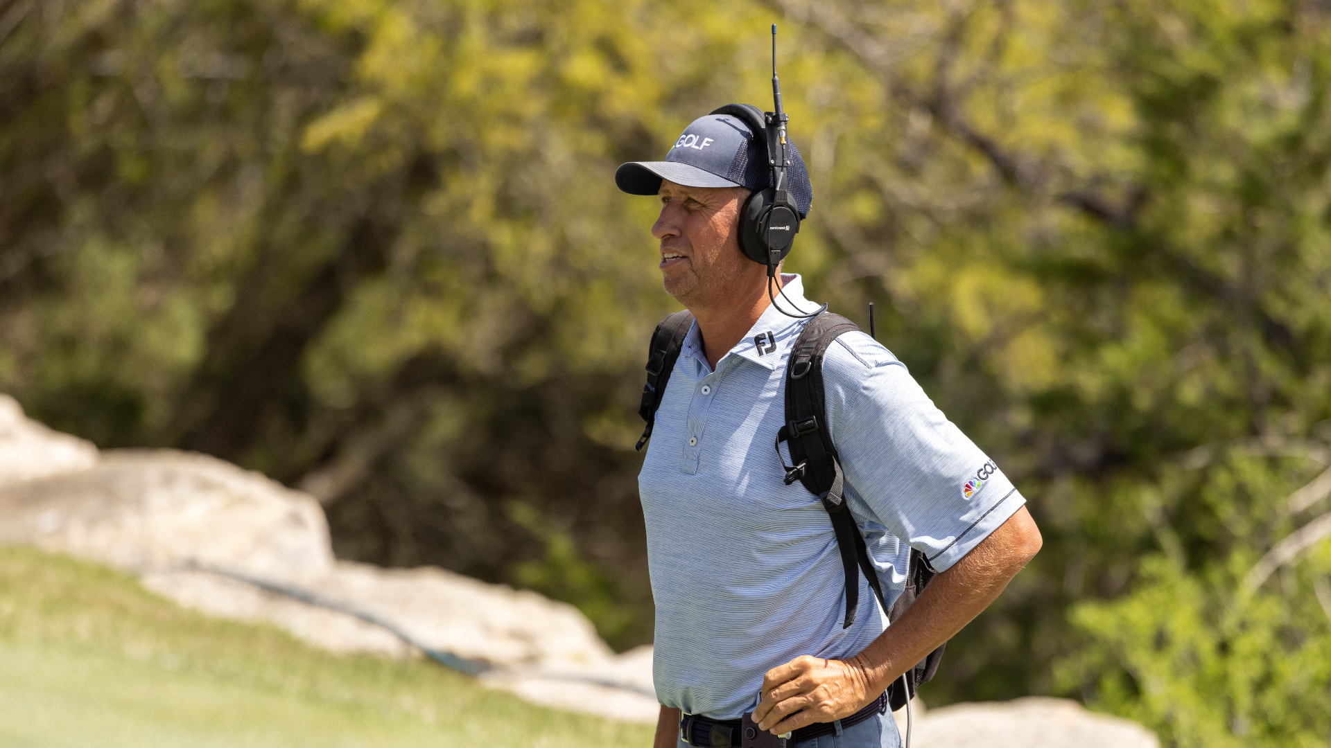 Jim 'Bones' Mackay working as an NBC golf announcer in 2021