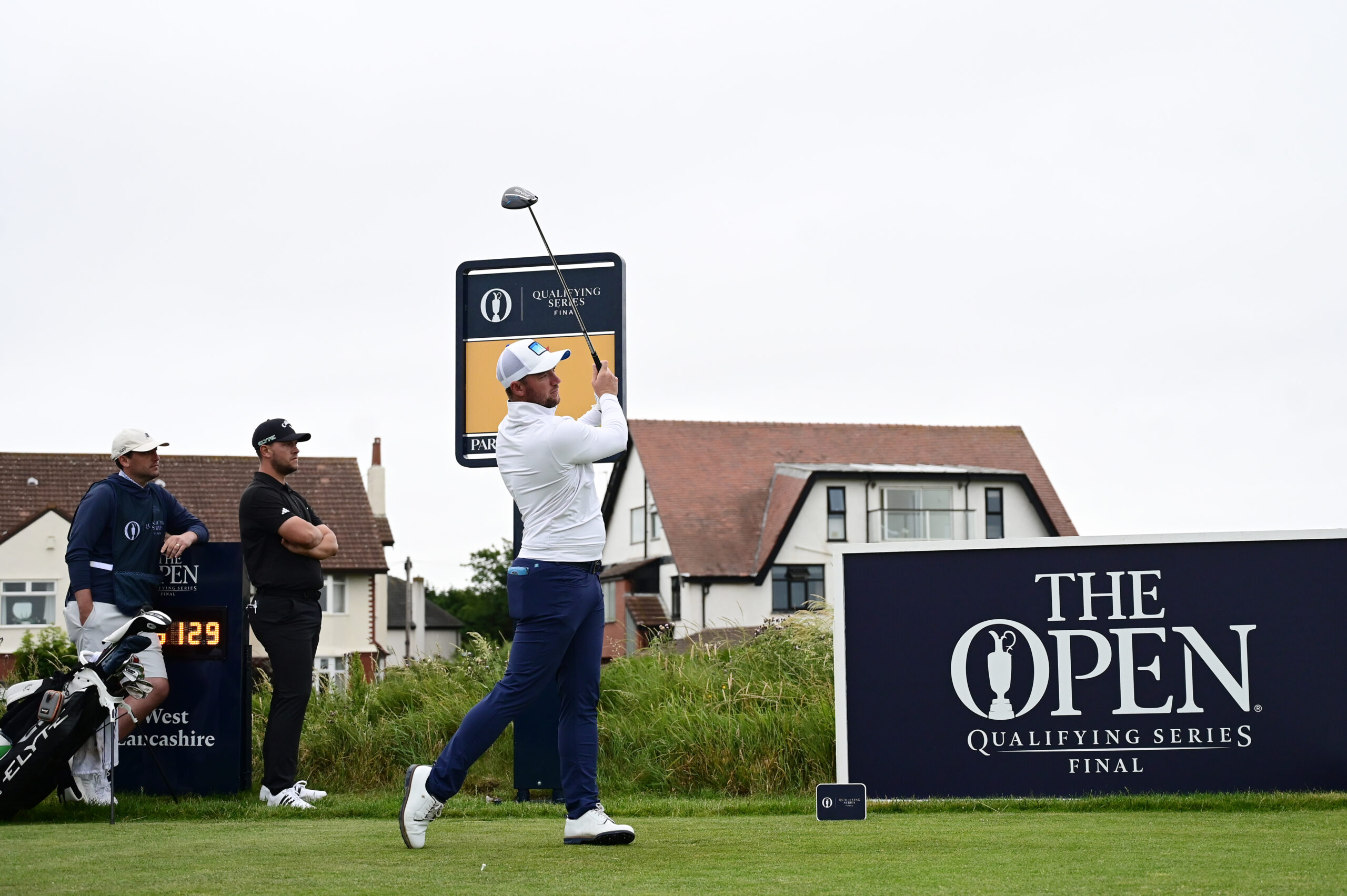 Sam Horsfield tees off at West Lancashire Golf Club during Open Championship Final Qualifying 2025