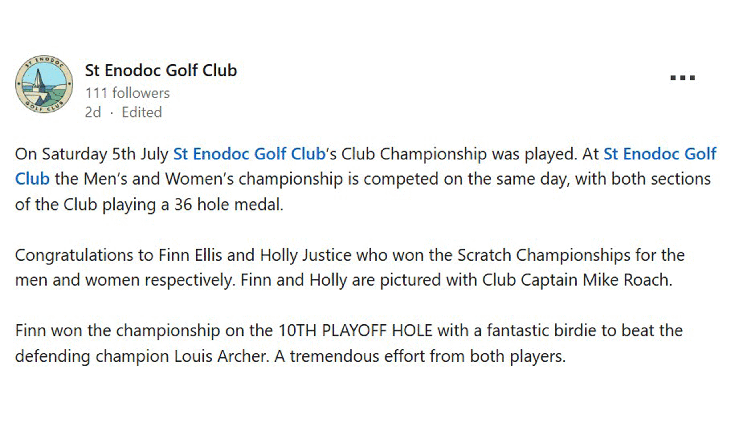 A LinkedIn post from St Enodoc
