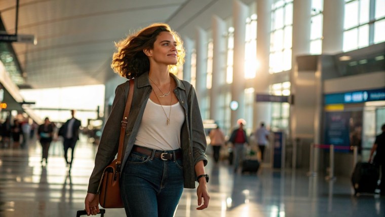 woman walking through airport with glowing skin