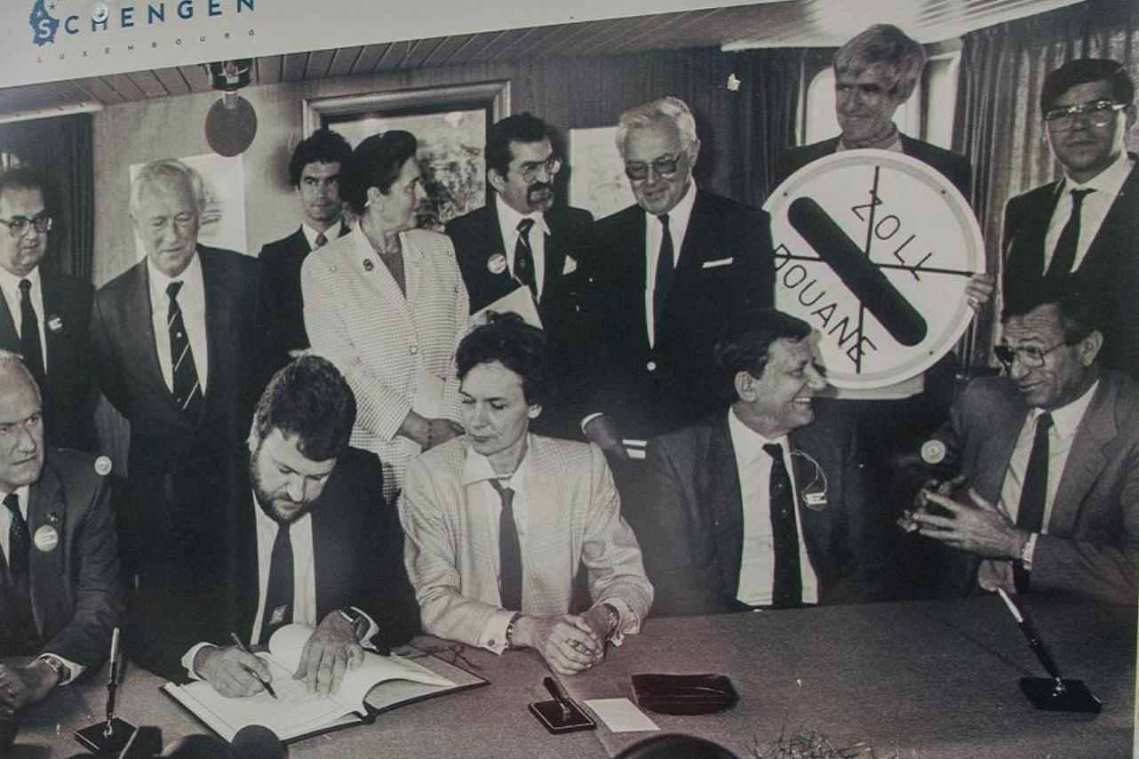 Happy day: Officials sign the first Schengen proposals in 1985