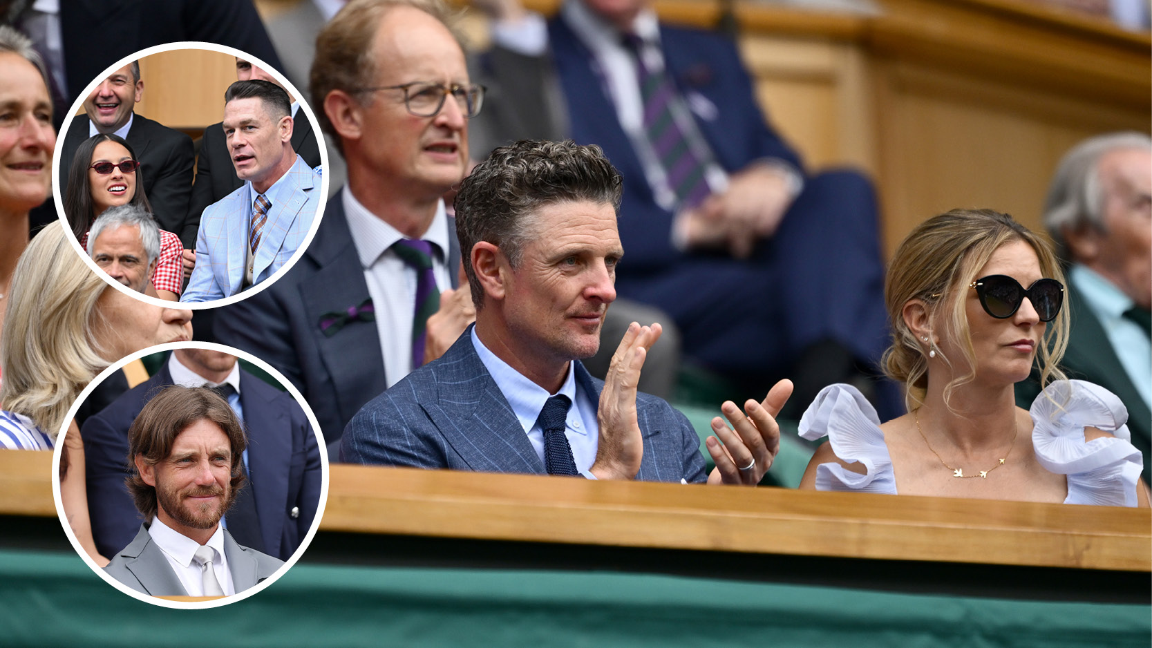 Main image of Justin Rose and his wife Kate in the Royal Box on Centre Court at Wimbledon 2025 with inset images of Tommy Fleetwood (bottom left) and John Cena with Olivia Rodrigo (top left)