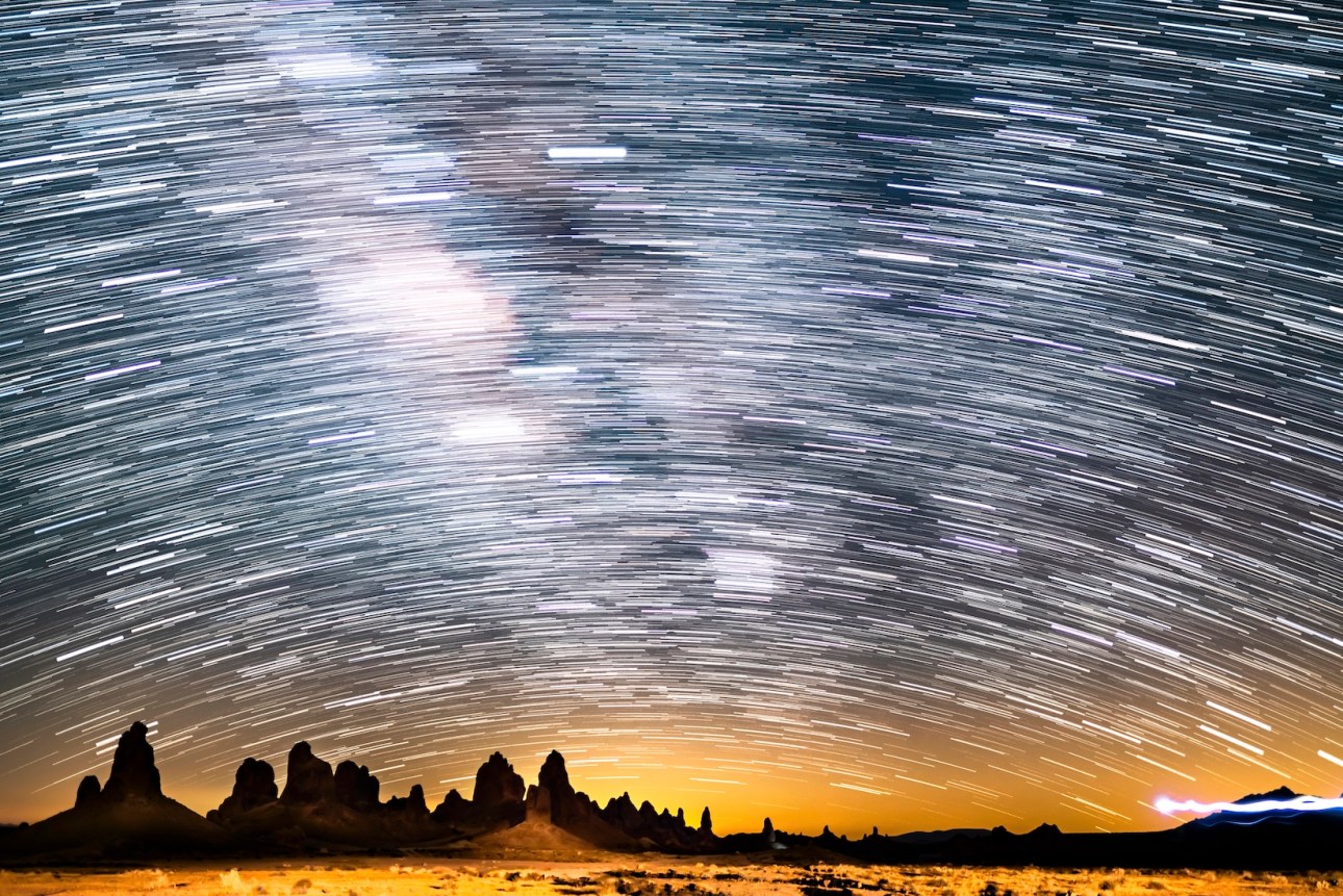 Star Trails of Milky Way Galaxy in South Sky at 35mm Over Trona Pinnacles 
