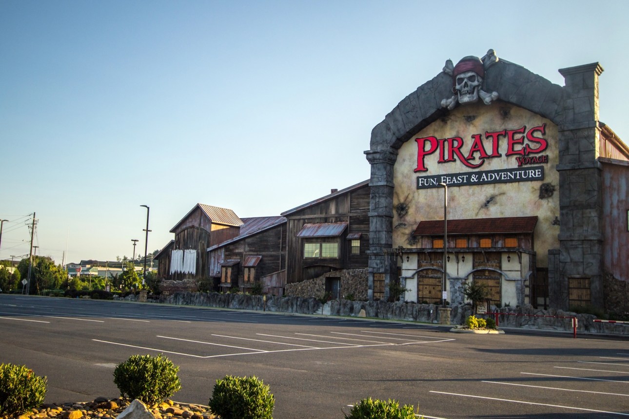  Exterior of the Pirates Adventure dinner theater owned by entertainer Dolly Parton and located in the Smoky Mountain resort town of Pigeon Forge.