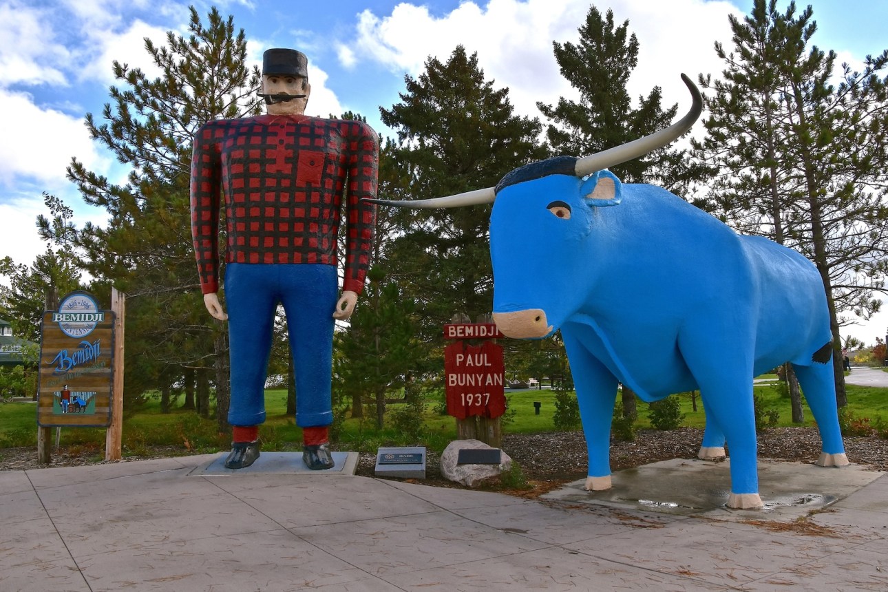 The legendary Paul Bunyan and Babe the Blue Ox statues are tourist attractions run by the parks system of Bemidji, Minnesota